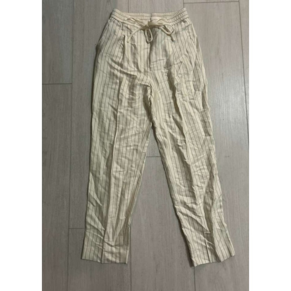 MASSIMO DUTTI Linen Darted Trouser Pants Sz 4 US - Pinstriped Ivory / Black EUC
